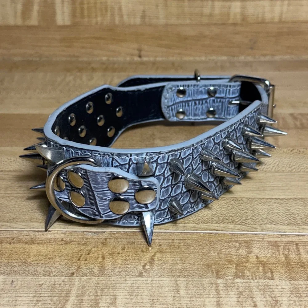 Gray Crocodile Embossed Spiked Dog Collar Silver Studded Goth Punk Large emo